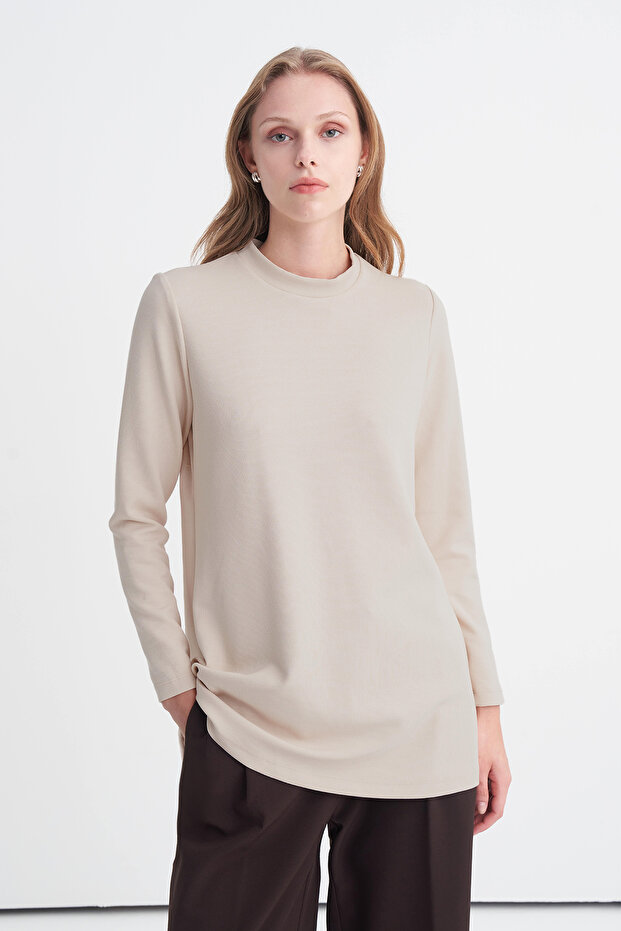 High Collar Ribbed Beige Tunic 0014