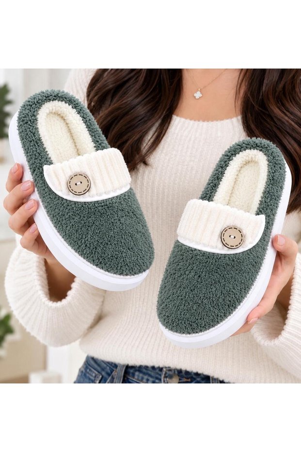 Women's Comfortable Lightweight Button Detailed High Eva Sole Plush House Slippers New Season