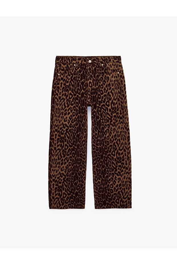 Cotton Pocketed Buttoned Straight Leg Regular Waist Leopard Print Trousers - Straight Jeans