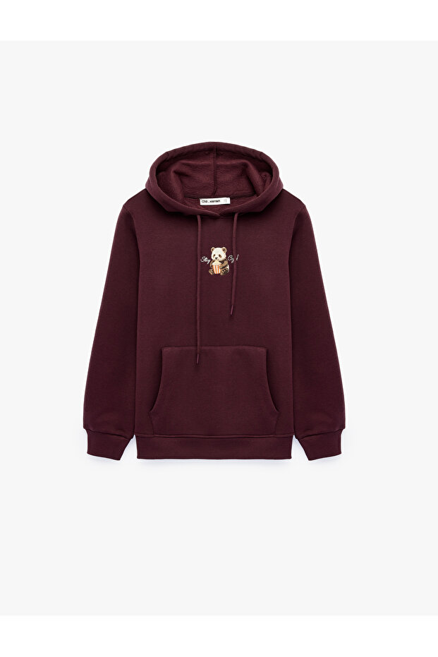Plum Color Hooded Sweatshirt with Three-Thread Embroidery and Kangaroo Pocket