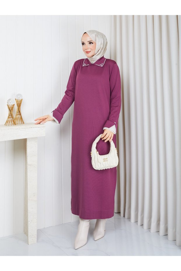 Cold Yarn Stone Detailed Shirt Collar and Ruffled Sleeves Knitwear Dress