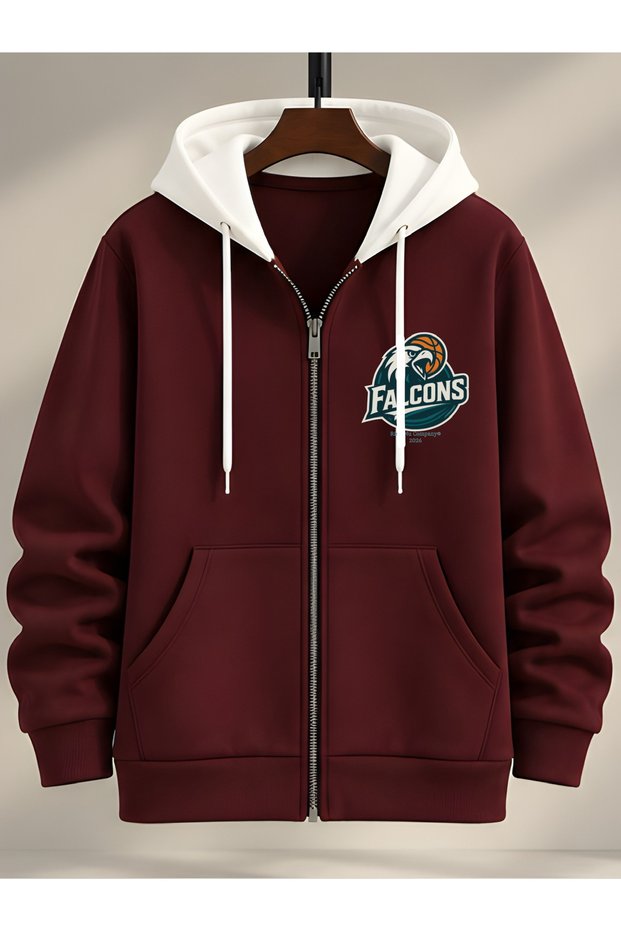 New Season Double Color Hooded Falcons Printed Winter Oversize Jacket with Complete Inner Layer in Combed Cotton