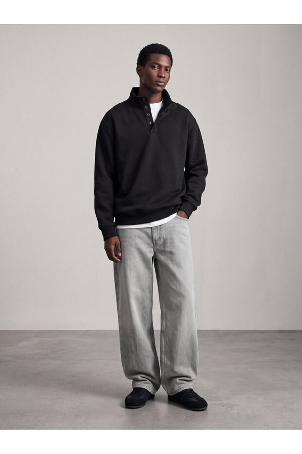 Regular Fit High Collar Black Sweatshirt with Button Detail