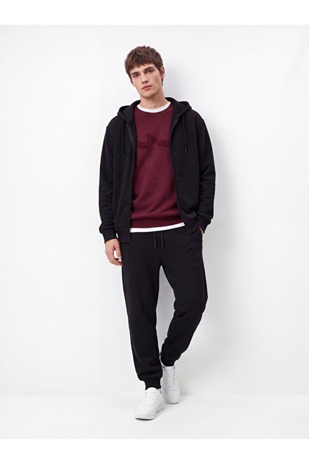 Regular Fit Sign Printed Crew Neck Claret Red Sweatshirt