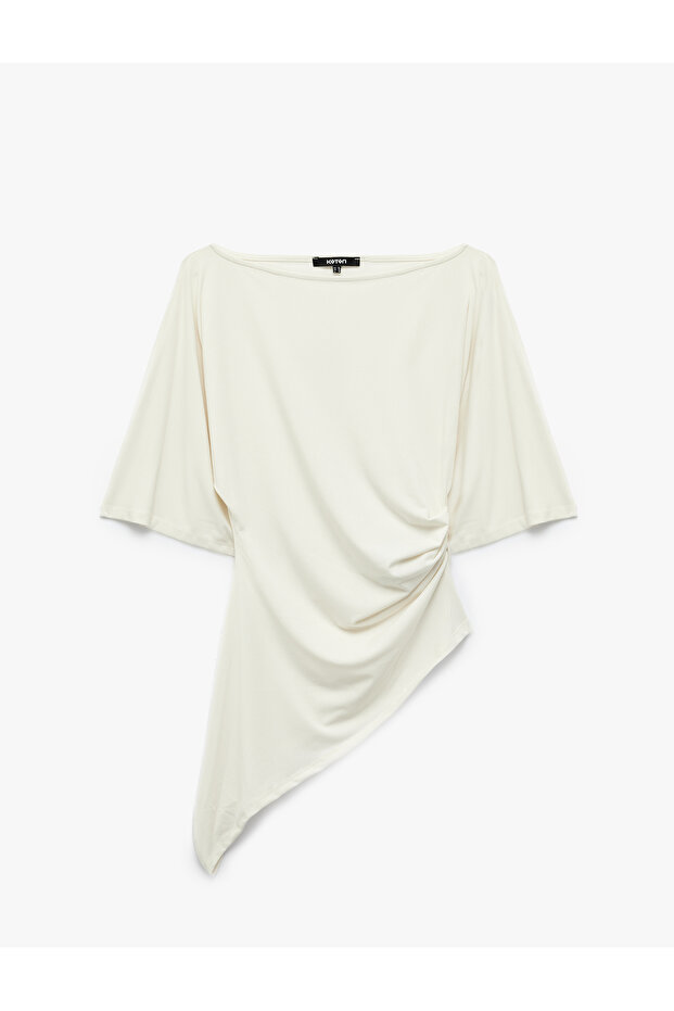 Slim Fit Asymmetrical Cut Boat Neck Draped Short Sleeve Blouse