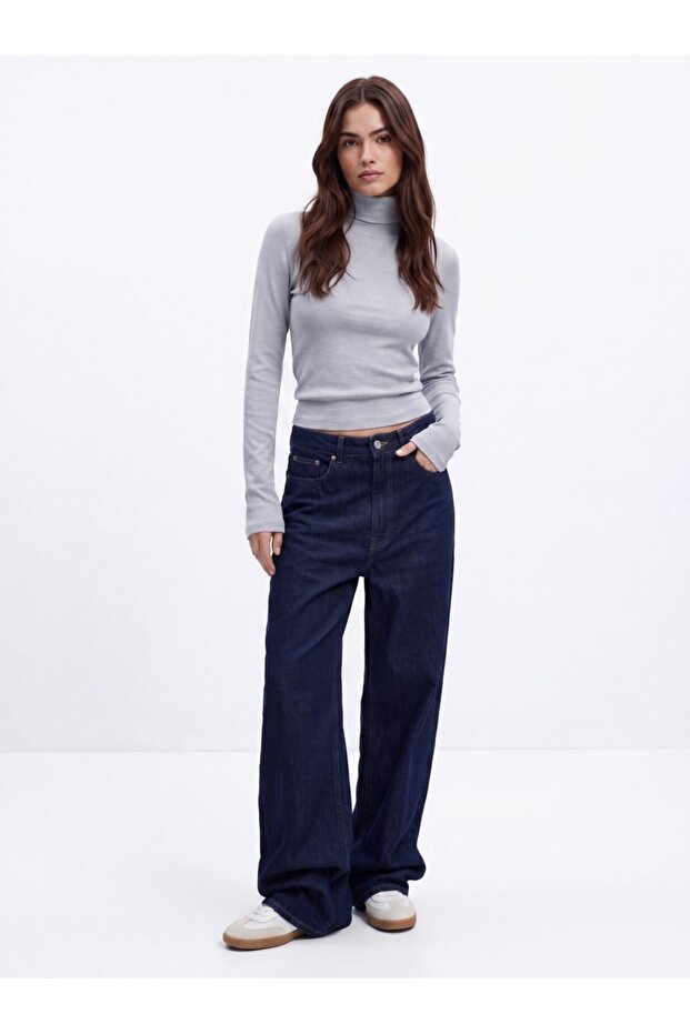 Slim Fit Ribbed Long Sleeve Blue Sweatshirt