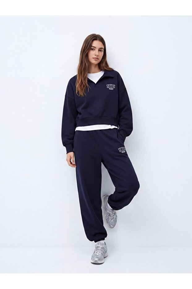 Regular Fit Letter Printed Rubber Cuffed Navy Blue Tracksuit