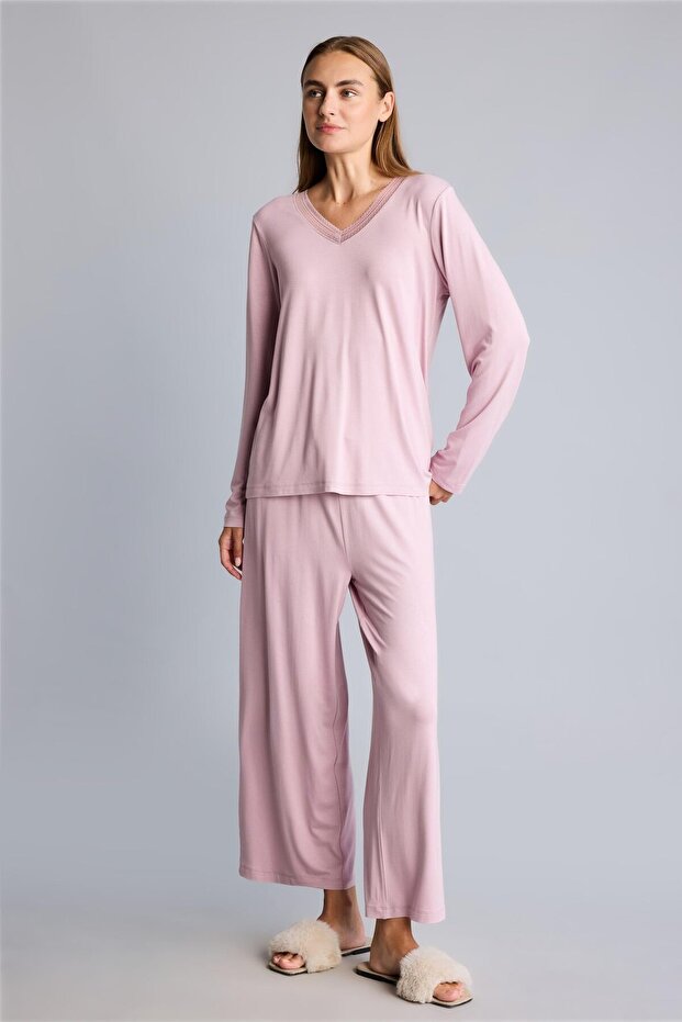 Regular Fit V-Neck Long Sleeve Top Wide Cut Bottom Pajama Set H9101Ax26Au