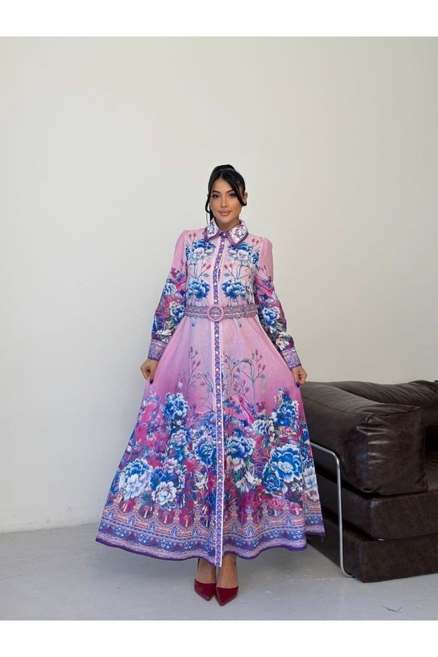 Women's Floral Patterned Belted Long Dress