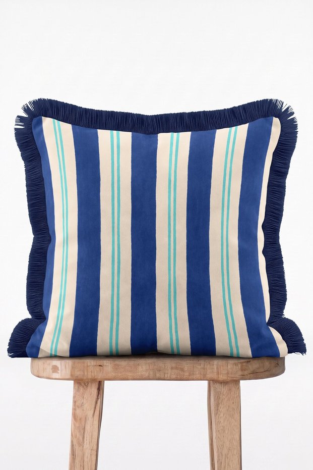 Blue Cream Striped Marine Patterned Decorative Fringed Throw Pillow Cover
