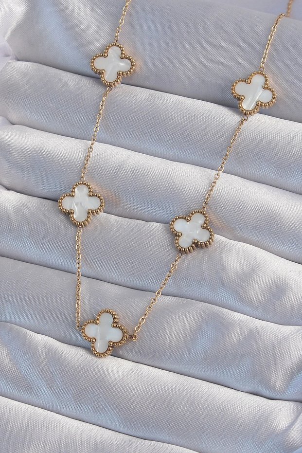 316L Steel Gold Color White Pearlescent Clover Necklace