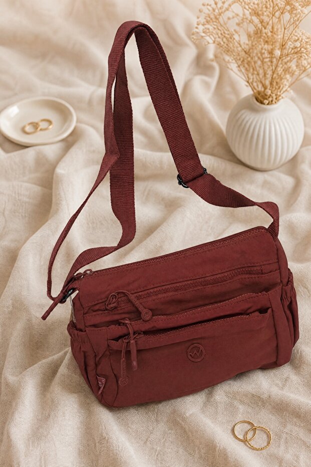 Multi-Compartment Woven Strap Crossbody Bag - Dried Rose