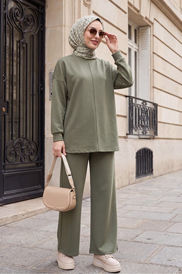 Oval Cut Slit Double Suit Set - Olive Green