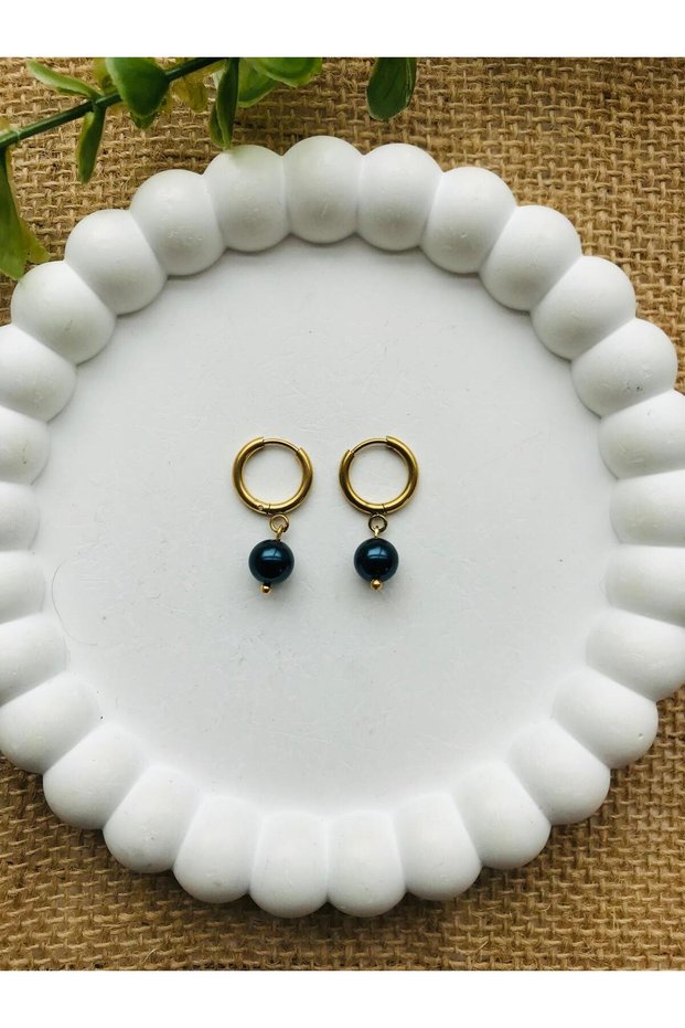 Minimal Steel Earrings with 8 mm Black Real Mayorka Pearls