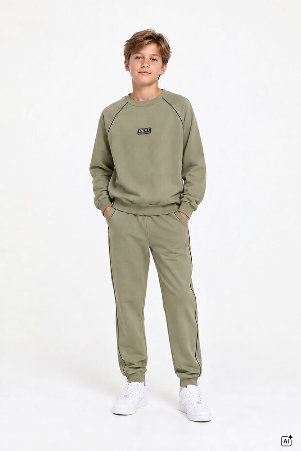 Khaki Boys' Striped Lettered Crew Neck Sweatshirt Set 24841