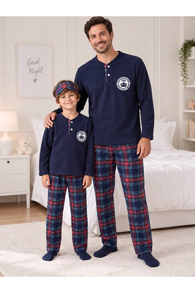 Father-Son Boy's Cotton Sleepwear with Headband, Plaid Pattern, Navy Blue Color, Winter Fleece Pajama Set