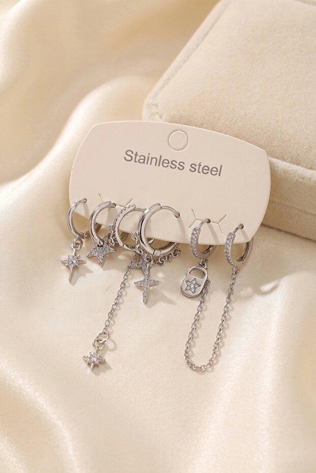 316L Steel Silver Color Star Model Chain Detailed Women's Earring Set