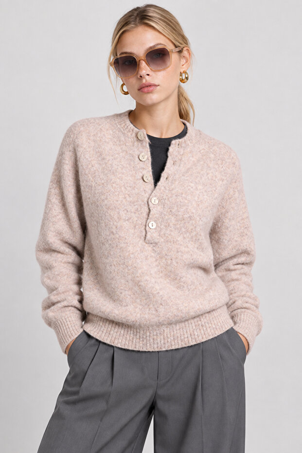 Wool Blend Buttoned Knitwear Sweater Lki̇0057 Stone