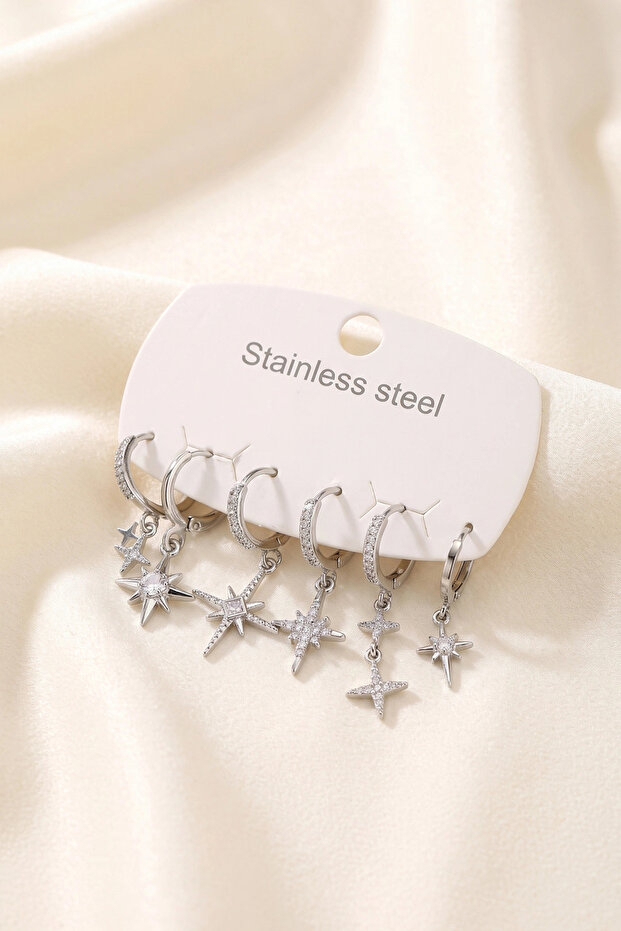 316L Steel Silver Color Zircon Stone Pole Star Model Women's Earring Set
