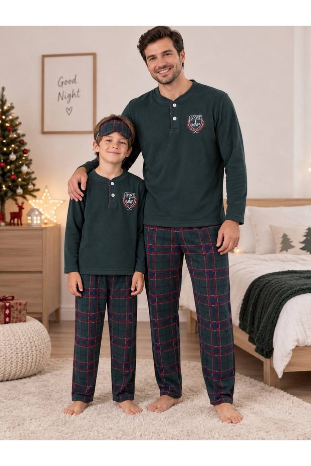 Father-Son Boy Cotton Sleepwear with Headband Plaid Patterned Green Color Winter Fleece Pajama Set