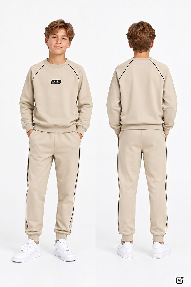 Beige Boys' Striped Lettered Crew Neck Tracksuit Set 24842