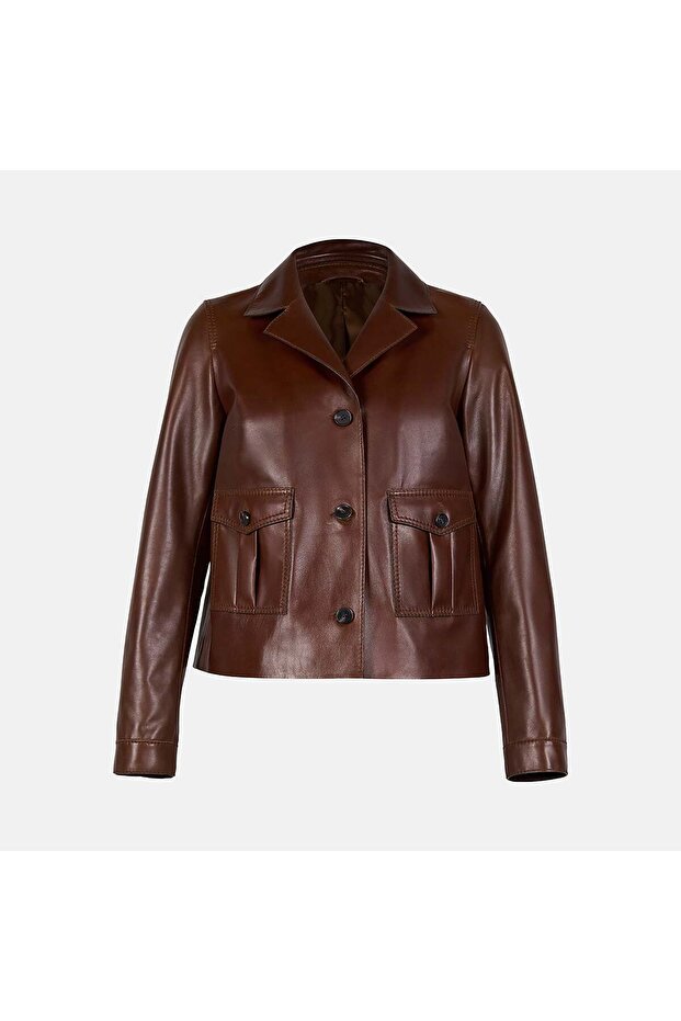 Women's Tan Leather Jacket with Collar, Buttons and Pocket Detailing
