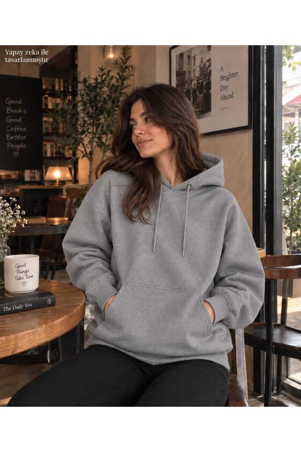 Women's Hooded Sweatshirt - Oversized Plain Patternless Two-Strand Hoodie with Kangaroo Pocket