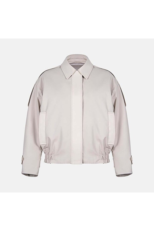 Women's Cream Shirt Collar Leather Detailed Bomber Jacket