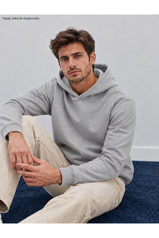 Men's Hooded Sweatshirt - Plain Patternless Cotton Hoodie with Kangaroo Pocket