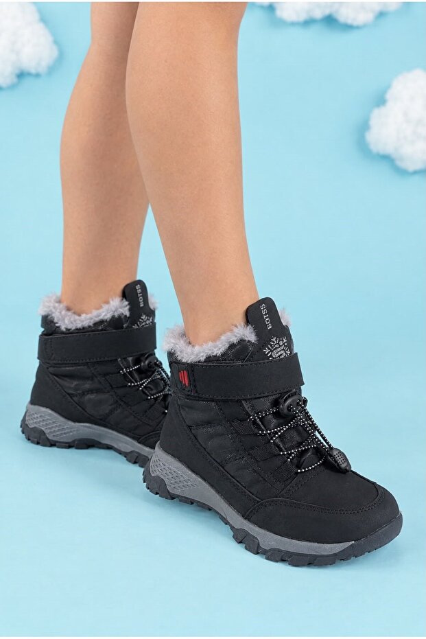 Boy's Snow Boots with Velcro Rubber Laces, Fur Patterned, Thick Non-Slip Sole Bootie 015
