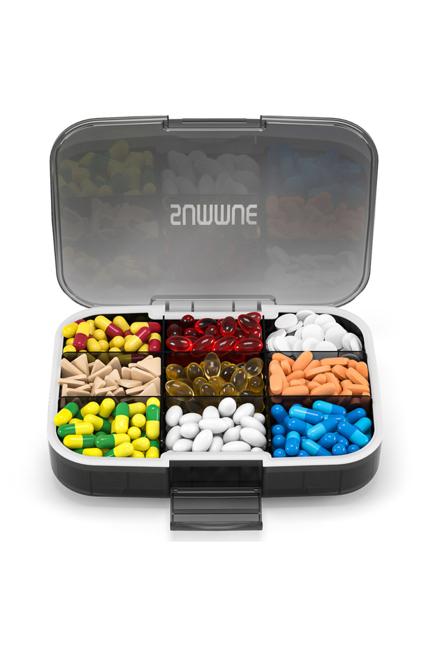 black SUMMUE Large Pill Organizer, 9 Compartments Portable Travel Pill Box Case Moisture Proof, XL P