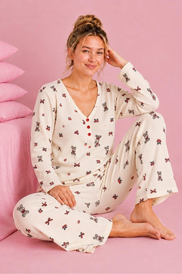 Waffle Knitted Long Sleeve V-Neck Women's Pajama Set
