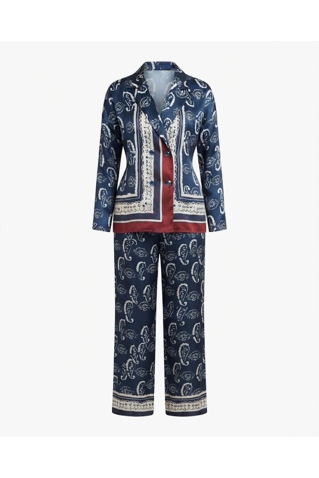 Navy Blue Patterned Satin Set