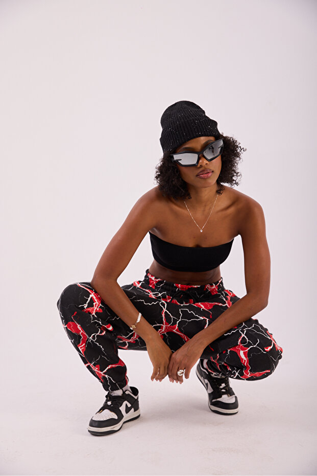 Women's Red Lightning Patterned Basic Jogger Pants