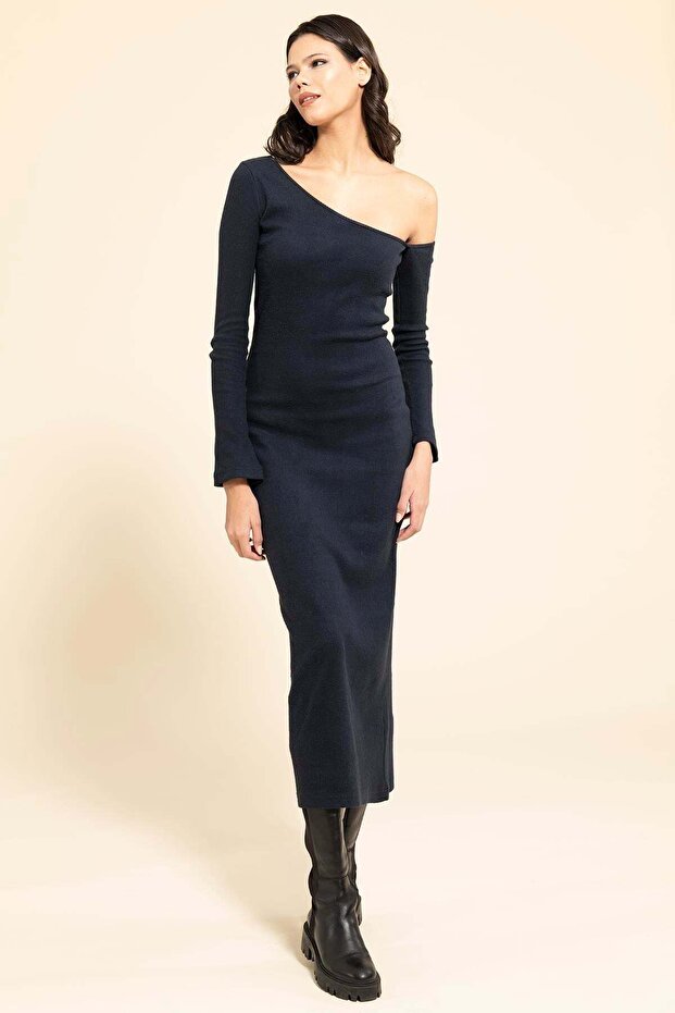 One Shoulder Asymmetrical Navy Blue Dress