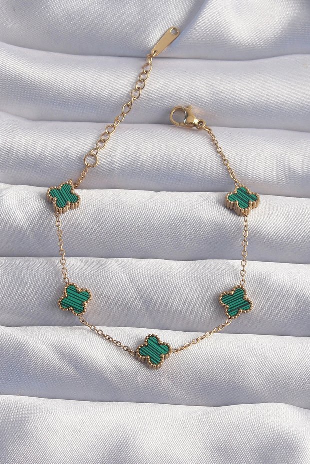 316L Steel Baby Boy Gold Color Striped Green Enamel Clover Bracelet