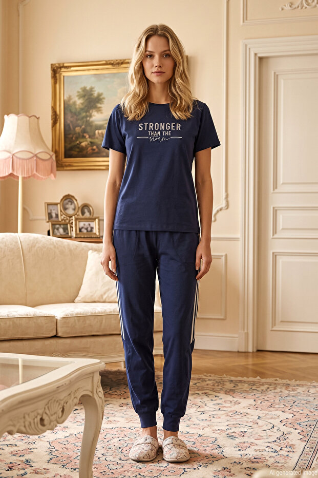 Women's Short Sleeve Combed Cotton Cuffed Elastic Detail Pajama Set 3396 Navy Blue