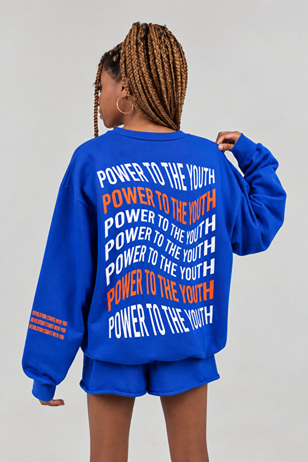 Women's Power to the Youth Printed Crew Neck Sweatshirt and Shorts 2-Piece Set
