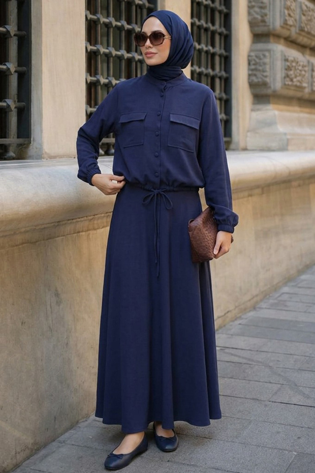 Navy Blue Hijab Skirt Set with Front Pocket 1359L