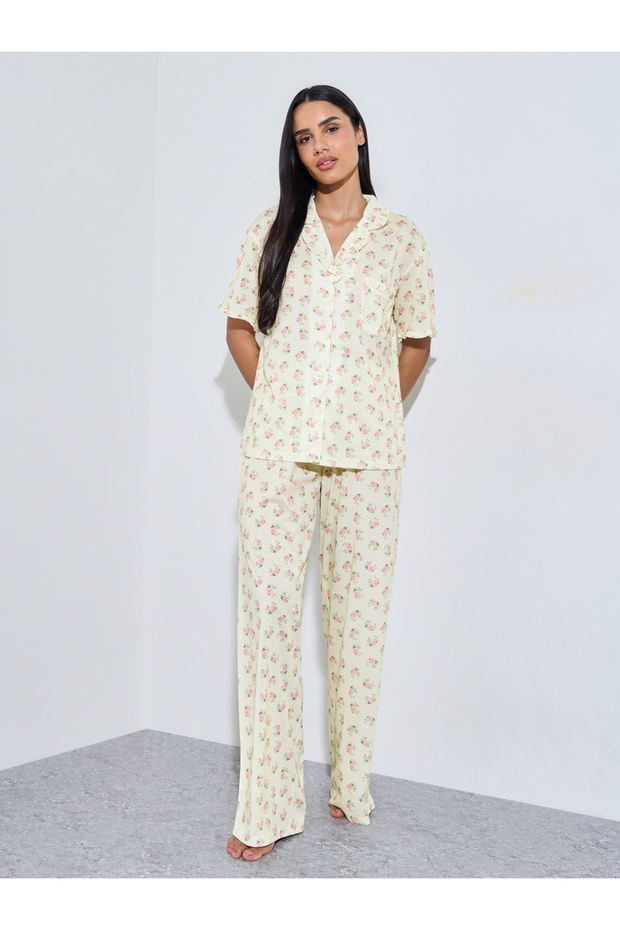 Cream Floral Wide Leg Pajama Set with Ruffle Collar Shirt