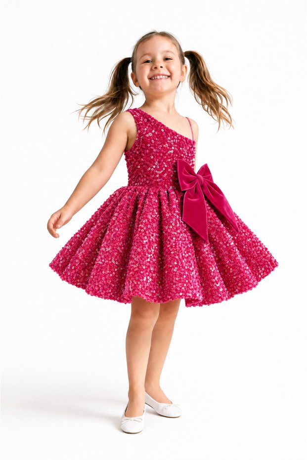 By Kübra Aksoy Girl's Fuchsia One-Shoulder Sequined Evening Dress