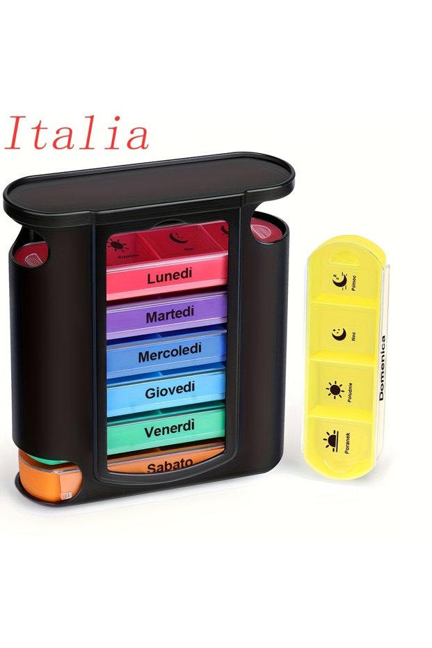 black [Printed in Italy] Weekly Pill Organizer, 7 Stackable Compartments Four Times-a-Day - Morning,