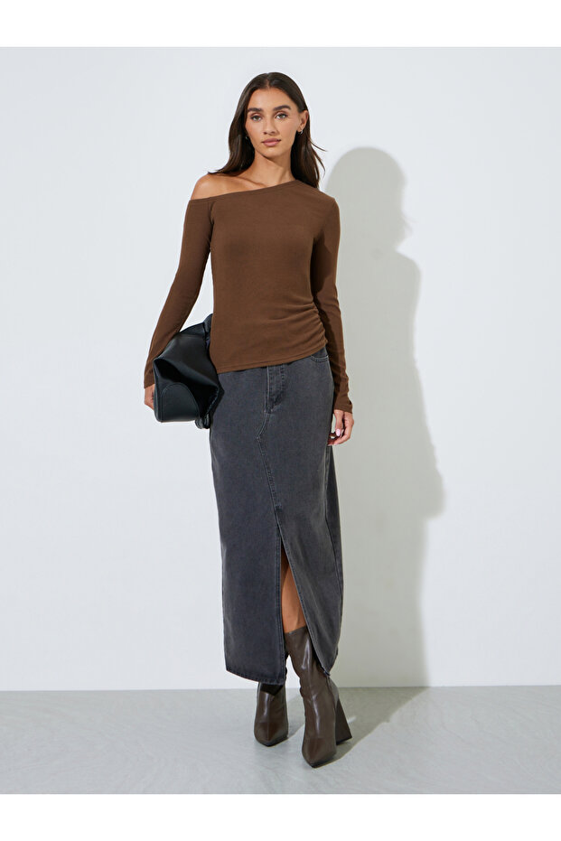 Brown Asymmetric Neck Knit Top