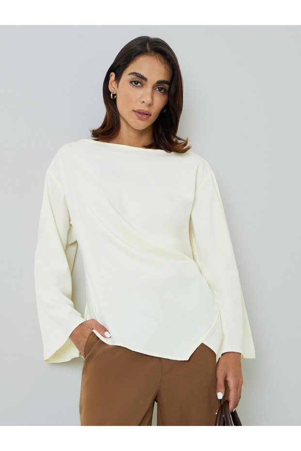 Beige Long Sleeve Boat Neck Top