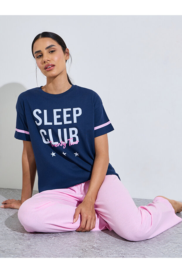 Multi-Color Slogan Print Short Sleeves T-Shirt And Wide Leg Pants Pyjama Set