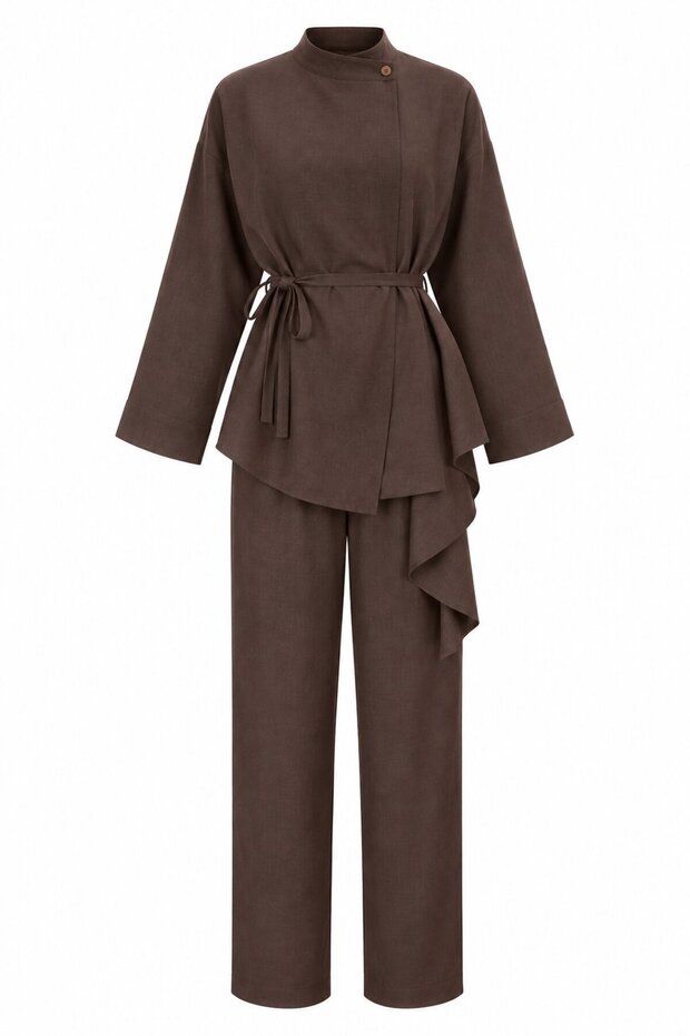 Brown Flounce Thin Belted Kimono Set - 8739