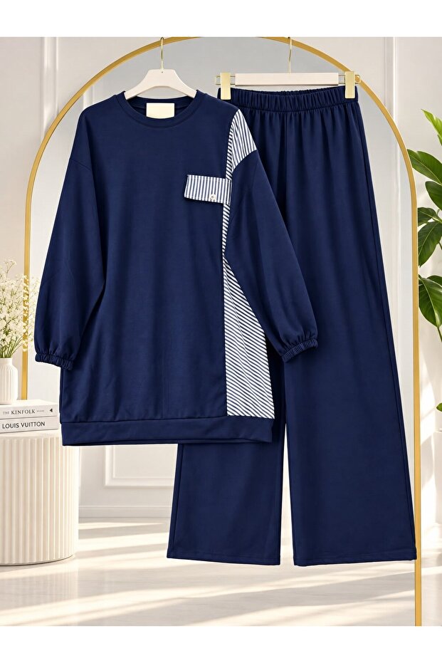 Women's Hijab Suit with Marine Stripe Detail, Navy Blue
