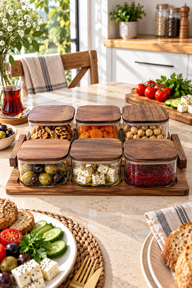 6-Piece 400 ml Glass Breakfast Set – Square Presentation Set with Acacia Lid and Acacia Wooden Tray
