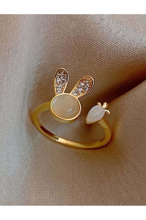 خاتم قابل للتعديل على شكل أرنب ذهبي وجزرة