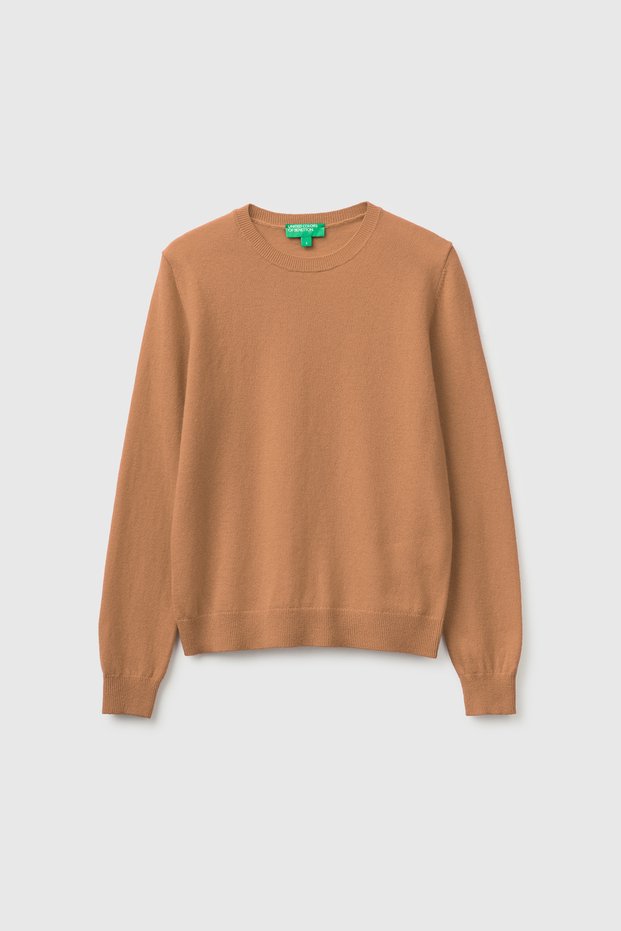 Women's Tan 100% Merino Crew Neck Sweater